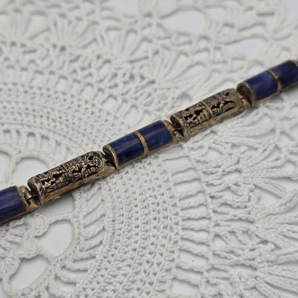 Antique Chinese Export Sterling Silver Gilt Vermeil Filigree Lapis Link Bracelet